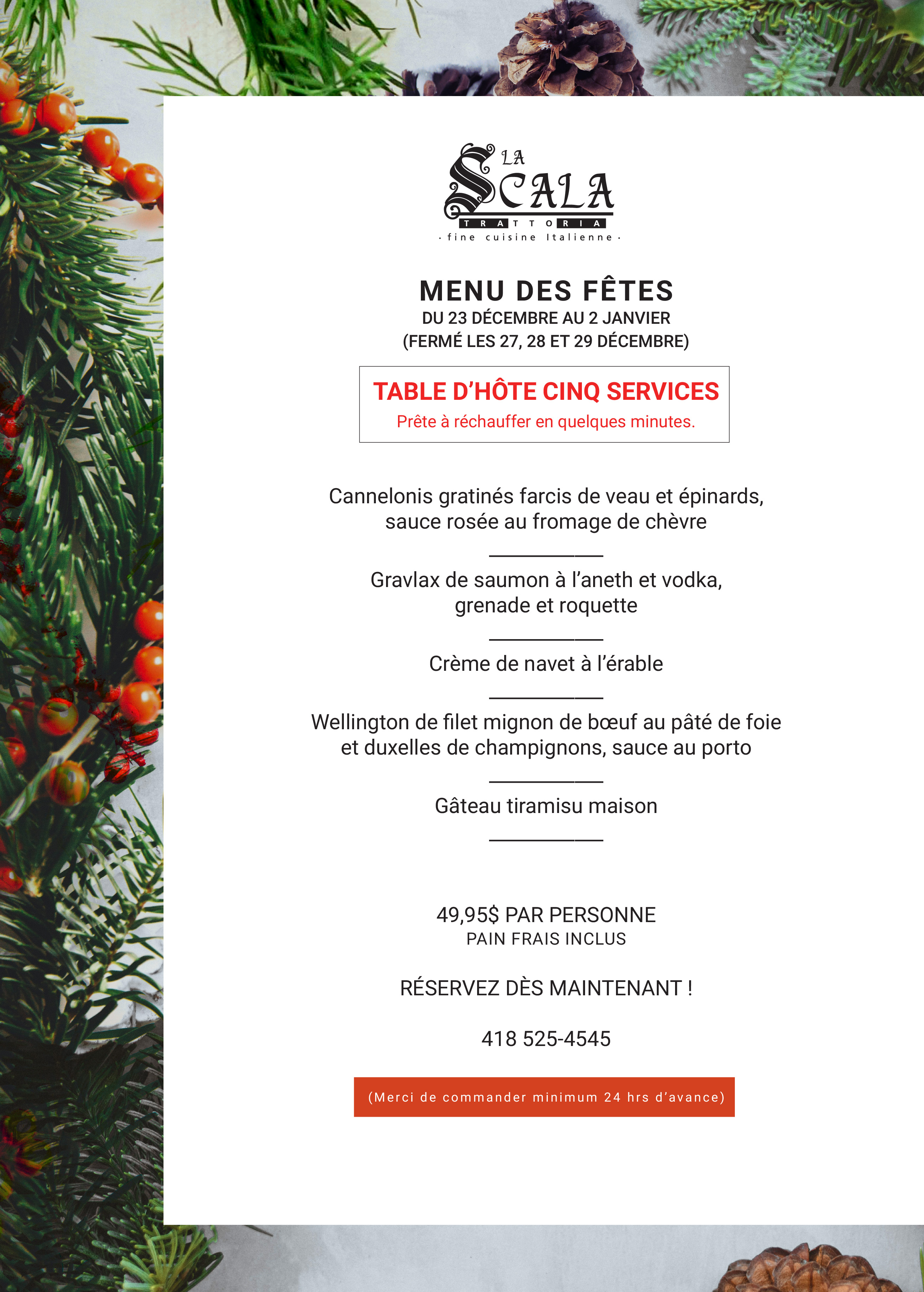 menutablehoteunepersonne Restaurant La Scala